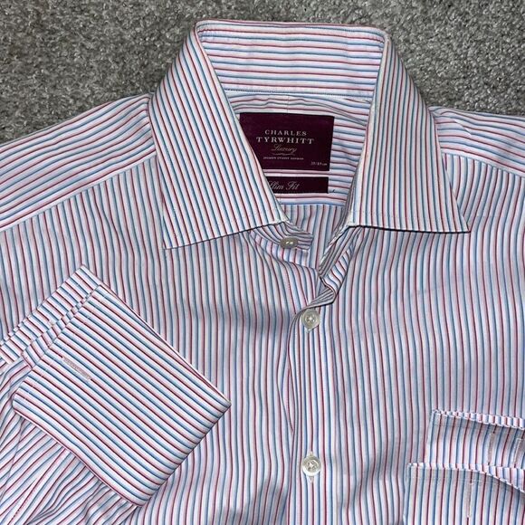 2-Charles Tyrwhitt Check Plaid & Stripe French Cuff Dress Shirt Red Gray Rainbow - Picture 5 of 6